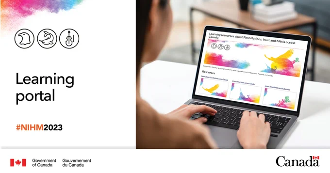Photo of person on laptop looking at National Indigenous History Month webpage. On left the colorful smoke and the three symbols (eagle, narwhal, violin) representing First Nations, Inuit and Métis Peoples. Text that reads: Learning portal #NIHM2023