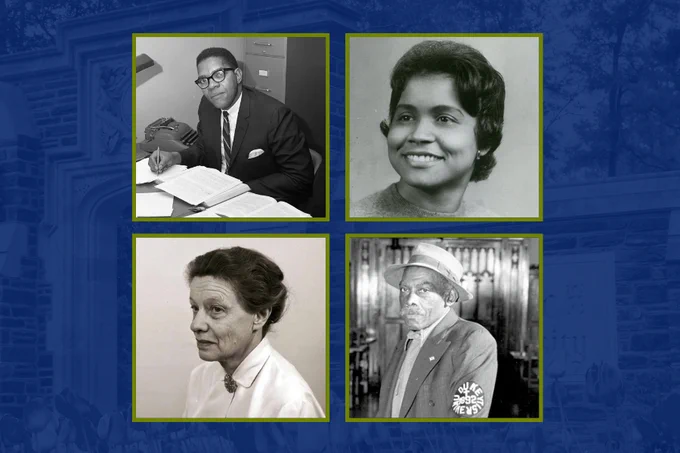 Panel of four black and white photos (clockwise from top left): Samuel DuBois Cook writing at a desk, Ida Stephens Owens smiling, Frank Wall looking at the camera and Hertha Sponer looking off camera
