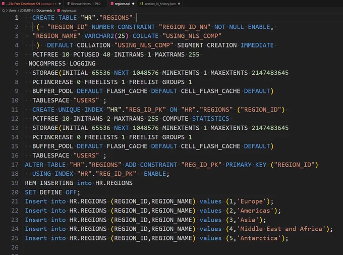 the results SQL file generated from using Oracle SQLcl to spool out the DDL for a table and then the records in the table using the INSERT hint