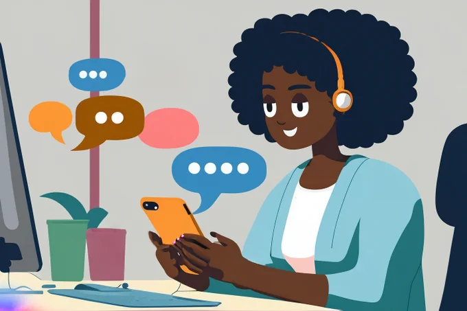 A content creator sitting at a desk using her mobile phone, having fun while engaging with a private chat community of her most engaged followers.