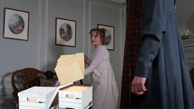 Maria Lucas packs manila folders in bankers boxes as Elizabeth Bennet looks on. From Pride and Prejudice (1995).