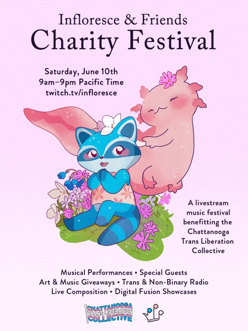 Our event poster. A warm, sweet illustration of a pink axolotl putting flowers into a blue raccoon's hair. They are surrounded by flowers native to Tennessee.