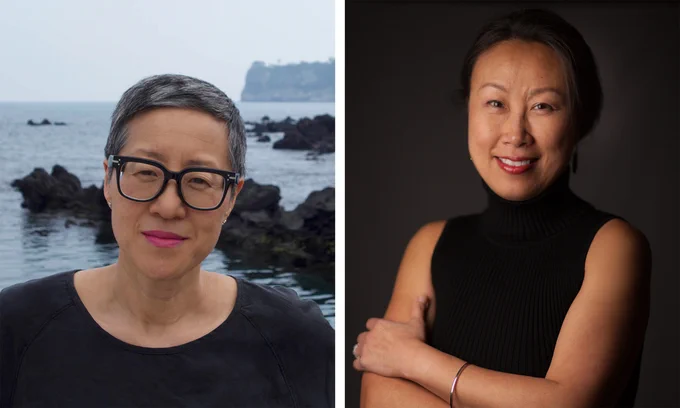 Two headshot photographs, the left is Jin-me Yoon in front of a coastline. The right is Euijung McGillis with a black backdrop. 