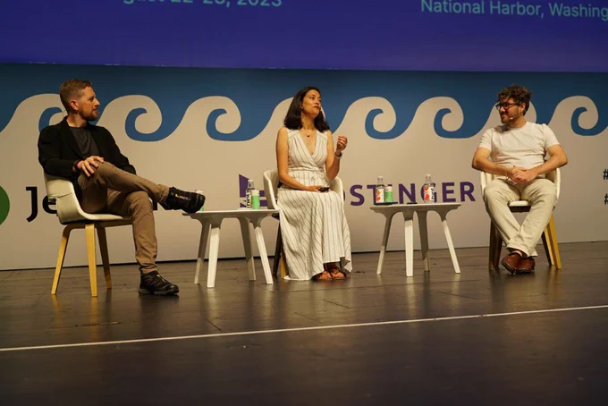 Image of  Matt Mullenweg, Josepha Haden Chomphosy, and Matías Ventura at WordCamp Europe 2023