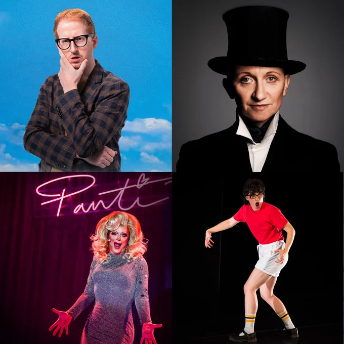 Composite image featuring the posters of four shows at Soho Theatre. James Austin Johnson, Lucy Hopkins, Panti Bliss and Shorty