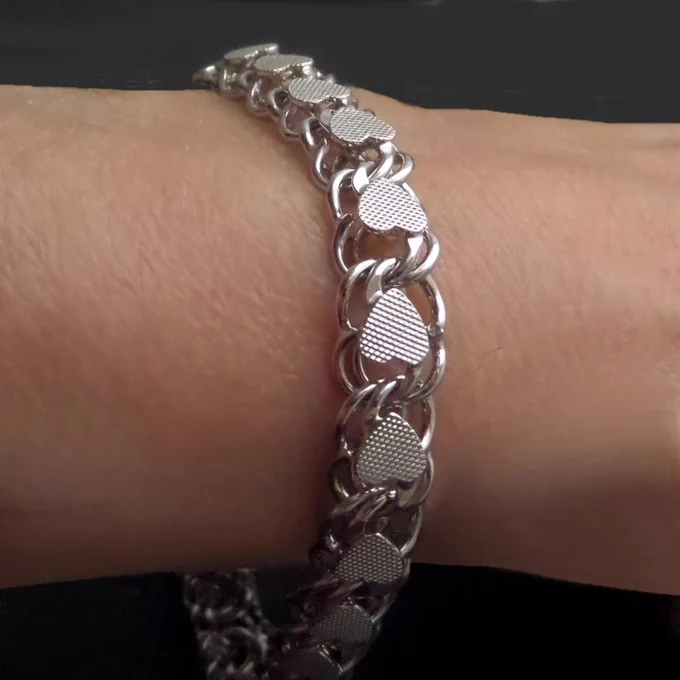Vintage Sterling HEART Charm Bracelet, Double Link Wide Starter Bracelets, SAFETY Chain Signed RHYTHM Hallmark, Size 8 c.1950's