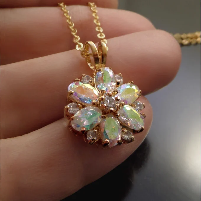 Vintage AB Crystal PENDANT Necklace, CZ Multi-Color Pastel Flower, 14K Gold Filled Chain, Gift for Her