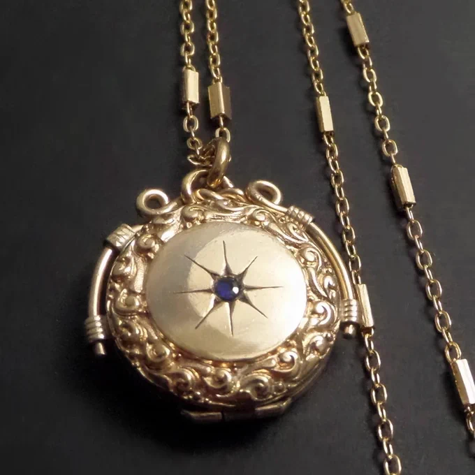 Antique Victorian LOCKET Blue Sapphire Repousse Scrolls, LONG 14k Gold Filled Bar Link CHAIN c.1890's, Birthday Gift