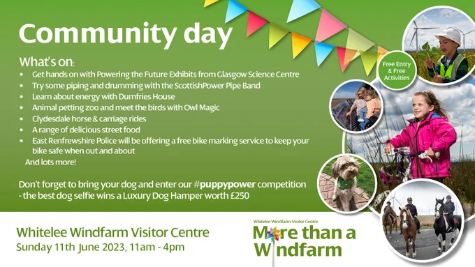 Poster for community day listing events including - exhibits from Glasgow Science Centre, Scottish Power Pipe Band, Learn about energy, Animal petting zoo, meet owls, Clydesdale horses, range of street food, Police bike marking and lots more.

