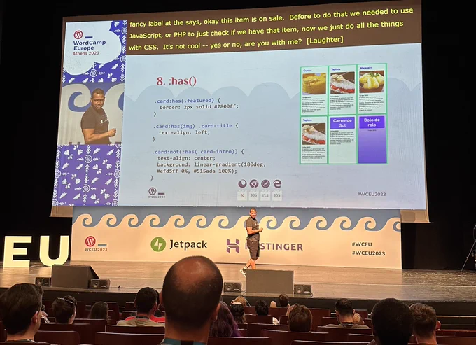 Fellyph Cintra on stage at WordCamp Europe talking about the future of CSS. Here he’s informing about the CSS selector :has().