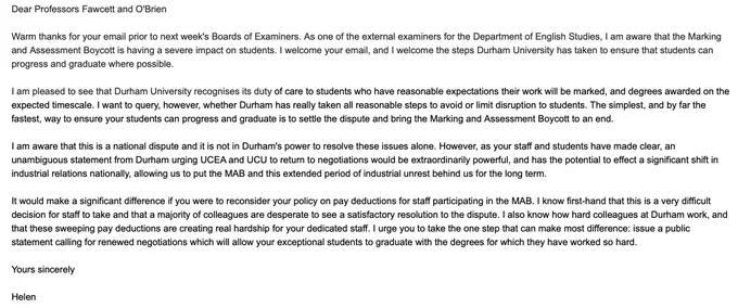 Copy of email asking Durham University VC to make a public statement urging UCEA and UCU to return to negotiations.