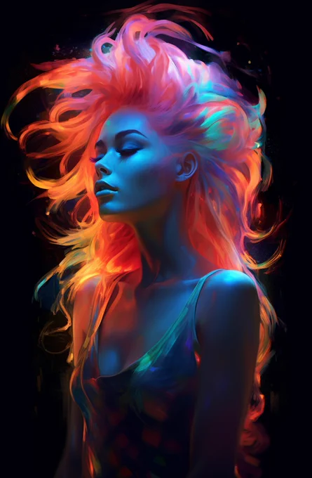an image of a woman wearing neon hair in an abstract style on a black background, in the style of tj drysdale, silhouette lighting, john pitre, colorful vibrations, serene faces, linnea strid, 8k 3d --ar 66:101 --v 5.1