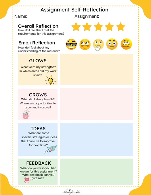 Screenshot of a digital graphic titled "Assignment Self-reflection." The graphic contains sections for overall reflection, emoji reflection, and open-ended answers for "glows," "grows," "ideas," and "feedback."