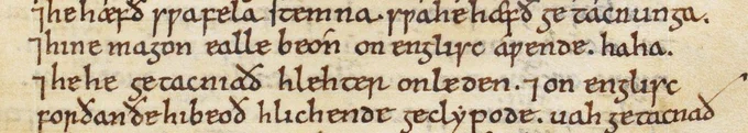 Black-ink handwriting on parchment. Four lines of Old English. Harley MS 3271, page 85r.