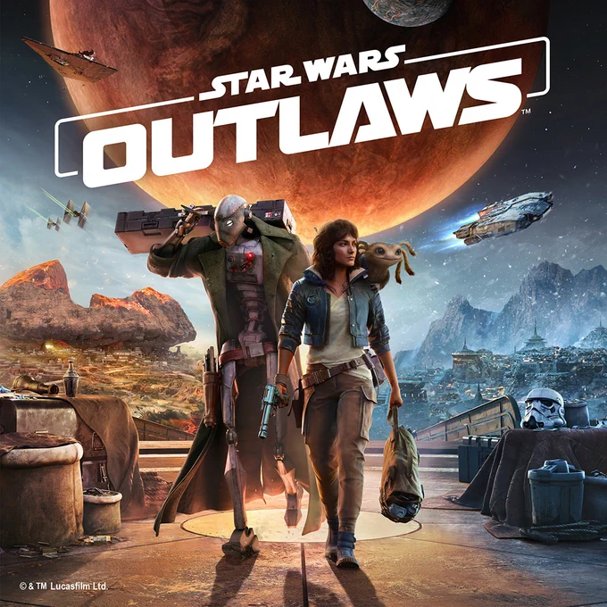 Kay Vees and Nix both walk toward the camera. Behind them, a huge red planet and several spaceships can be seen. At the top is shown Star Wars Outlaws logo.