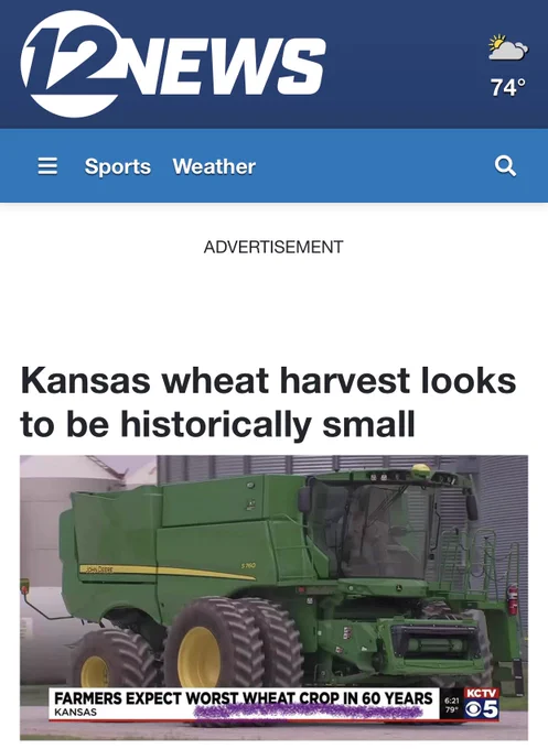 Kansas wheat harvest looks to be historically small
Farmers expect worst wheat crop in 60 years