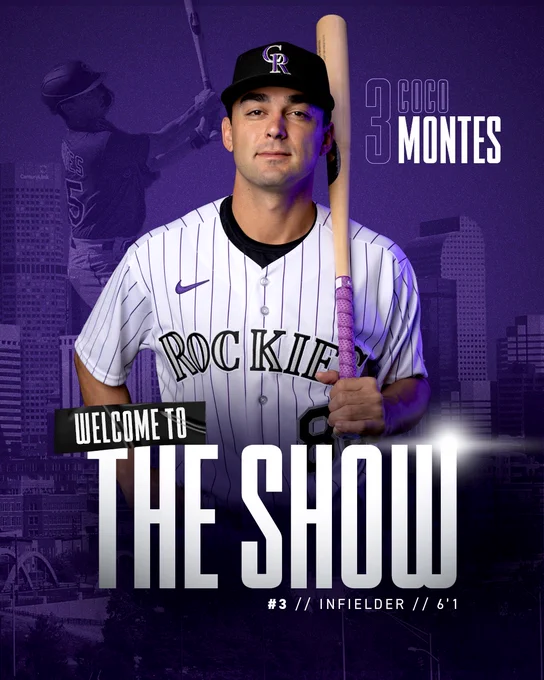 Welcome to the Show, #3 Coco Montes.

A photo of Coco Montes in the Rockies pinstripe uniform, he has a bat in his left hand.