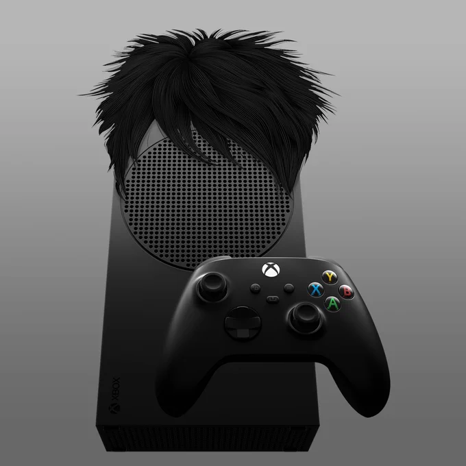 The Xbox Series S – 1TB in Carbon Black is shown photoshopped with an emo black haircut.