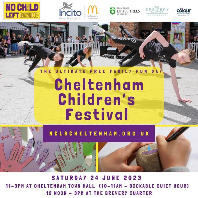 Cheltenham children's festival Saturday 24 June 11am to 3pm. Bookable quiet hour at Cheltenham Town Hall from 10am, 12noon to 3pm at the Brewery Quarter