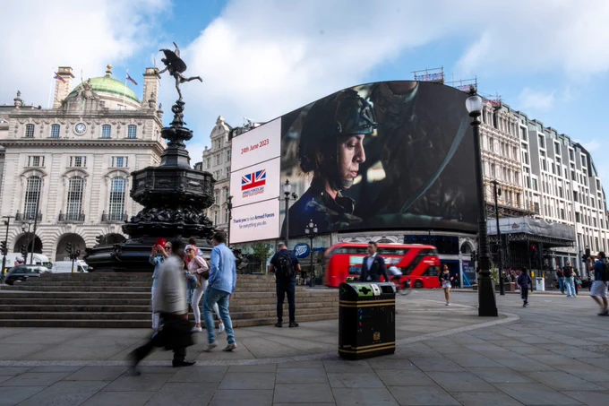 A short film paying tribute to the UK Armed Forces was screened at the iconic Piccadilly Lights advertising space. 