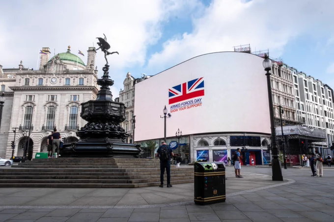 A short film paying tribute to the UK Armed Forces was screened at the iconic Piccadilly Lights advertising space. 
