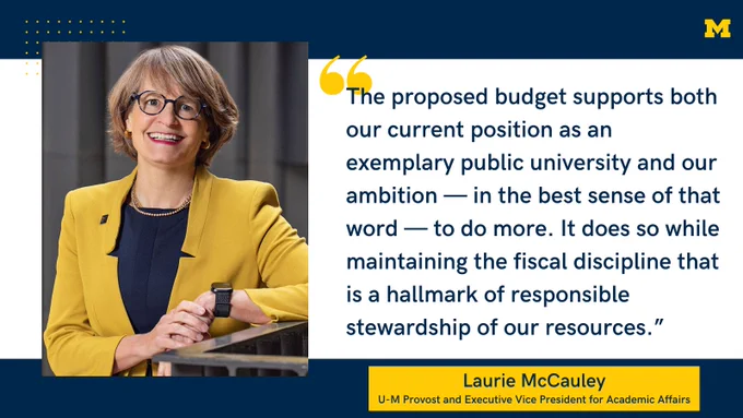 “The proposed budget supports both our current position as an exemplary public university and our ambition — in the best sense of that word — to do more. It does so while maintaining the fiscal discipline that is a hallmark of responsible stewardship of our resources.” Laurie McCauley, U-M Provost and Executive Vice President for Academic Affairs