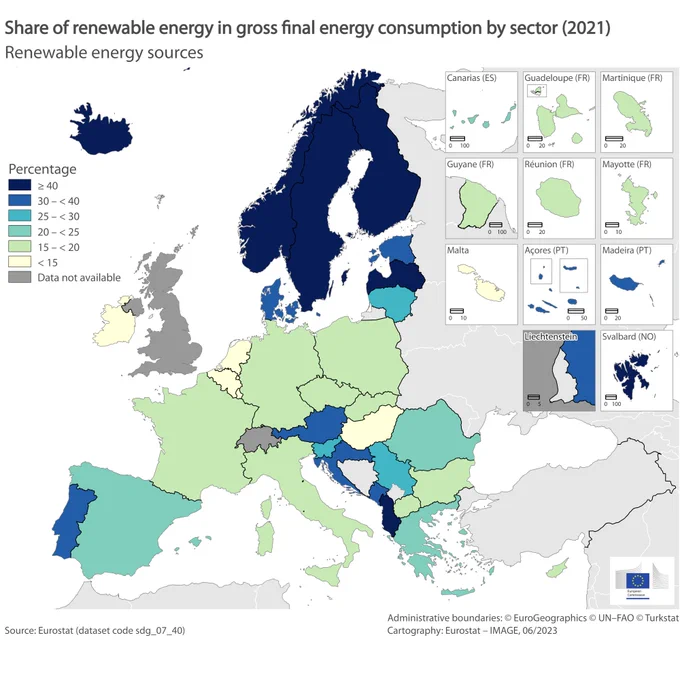 Map of Europe illustrating the percentage of renewable energy in gross final energy consumption by sector. Different colors represent varying levels of renewable energy utilization, providing insights into the continent's sustainable energy landscape.