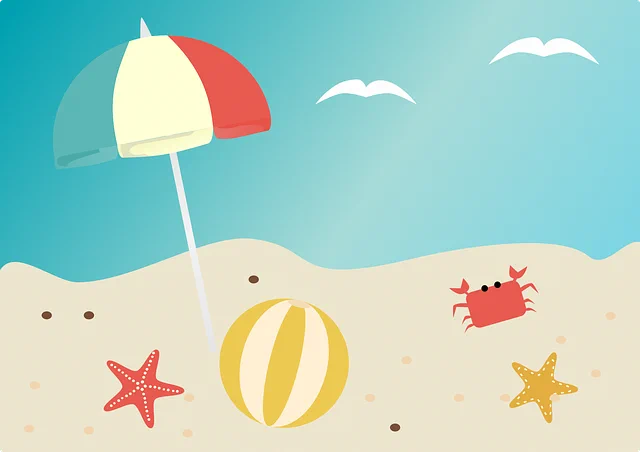 Illustration of a beach scene with an umbrella, ball, starfish and crab on the sand. Seagulls in the sky. Image by Trang Le from Pixabay