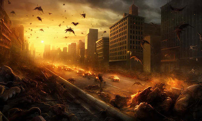Massive bug swarm covering the Nevada landscape: A vividly detailed scene featuring millions of Mormon crickets invading the state, crawling over roads and buildings, creating a thick carpet of insects. Intense, nightmarish, dystopian, apocalyptic, dramatic lighting, high contrast, surreal, migrating waves, expertly crafted digital art, influenced by H.R. Giger and Zdzislaw Beksinski, eerie atmosphere, American Gothic, artstation feature, both fascinating and horrifying, a sense of urgency and chaos.