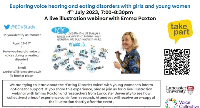 Invitation for young women aged 16-25 to join an illustration webinar to explore experiences and opportunities for improved support for voice hearing in the context of an eating disorder.