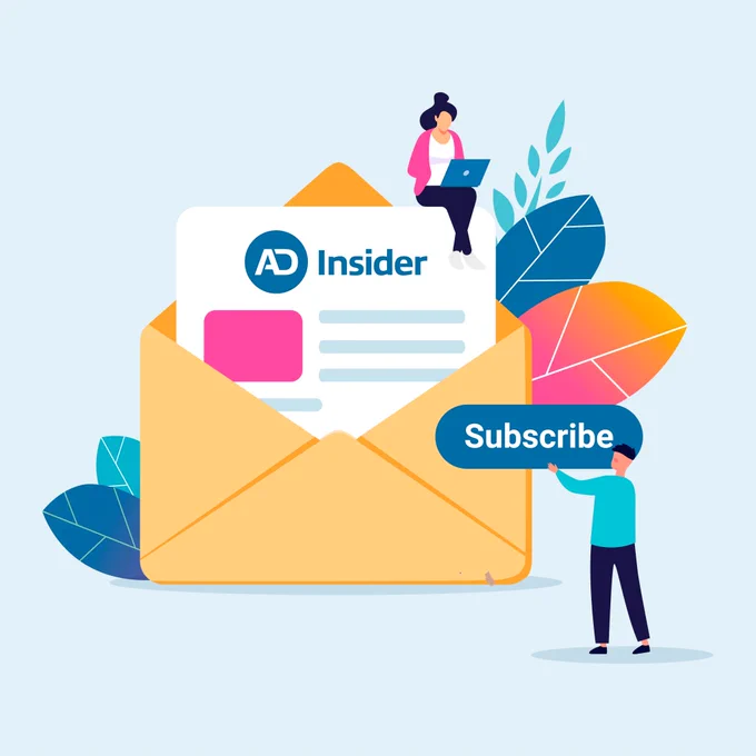 An illustration of a large opened envelope. The letter inside has the logo for ADInsider. A woman with her laptop sits on top of the letter, while a man holding a sign that reads "Subscribe" stands at the bottom, in front of the envelope.
