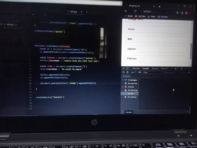 DOM manipulation: Inserting a list item with button element and Icon tag nested withing it with appendchild() Method  😎🥳
