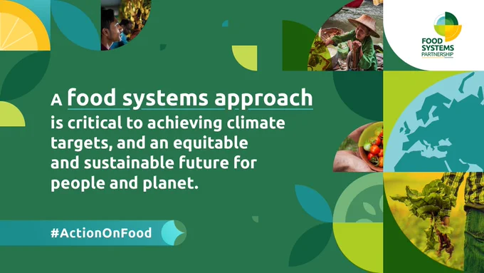 Visual explaining a food systems approach is critical to achieving climate targets. 