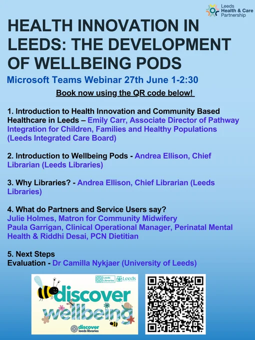 Graphic with the webinar programme and the QR code to book