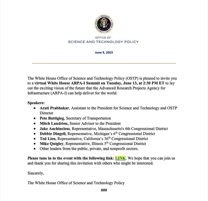 The White House Office of Science and Technology Policy (OSTP) is pleased to invite you to a virtual White House ARPA-I Summit on Tuesday, June 13, at 2:30 PM ET to lay out the exciting vision of the future that the Advanced Research Projects Agency for Infrastructure (ARPA-I) can help deliver for the world.

Numina CEO Tara Pham will be a featured panelists at 4:20 PM ET. Please tune in to the event with the provided link.