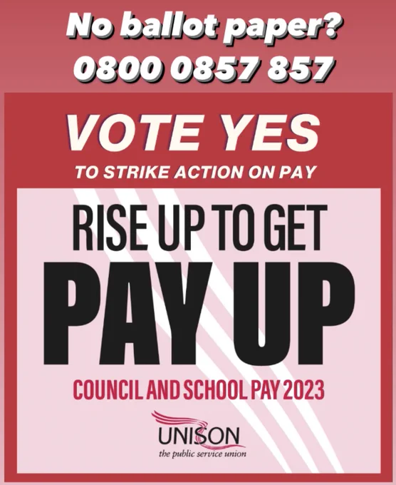 Red and white background. Rise up to get pay up. Council and school pay 2023
