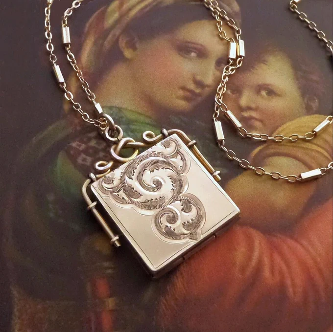 SKM Antique Victorian LOCKET Necklace, Long 14k Gold Filled CHAIN, Edwardian Fob Lockets c.1890's