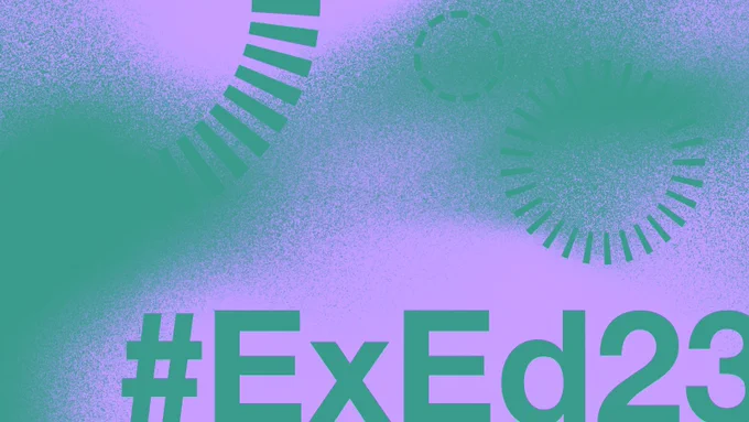 Decorative: Jade green and purple splodges with #ExEd23 written in the middle