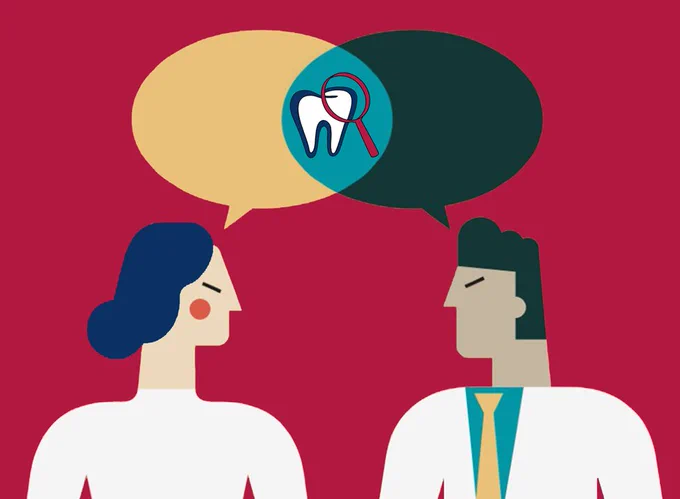 Drawing of two scientists talking to each other. The speech bubbles overlap, and the Project FIND-EM logo is in the overlap. 
