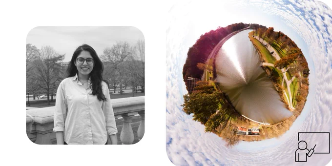 Jeehan Malik portrait (left) - taken on west side of Old Capitol building in Iowa City - and 360 picture of UIowa campus centered on Iowa River (Right)