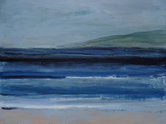 Image: Mary Lohan, Strand  V, 2023, Sennelier oil stick on paper,  35 x 49 cm – sea view of strong-blue waves heading towards a beach in the foreground, with a greenish hill climbing to the right towards the horizon; greyish sky • “In February 2020 I headed for Wexford and a place facing the Irish Sea, where I had worked on many previous occasions. My intention was to start a new body of work to show, maybe later that year, or in 2021. Shortly after, the pandemic intervened and my stay was cut short. I returned to my studio in the Visual Arts Centre on Dublin’s northside.    In turn the studios were also forced to close and I was reduced to working on my dining table at home. Eventually I managed to arrange a two month fellowship in the Ballinglen Arts Foundation. Their studios are in the village of Ballycastle, on the north coast of County Mayo.    For the first time since Wexford I was able to come to grips with my work. Working in the studio in the morning I spent the afternoon and…