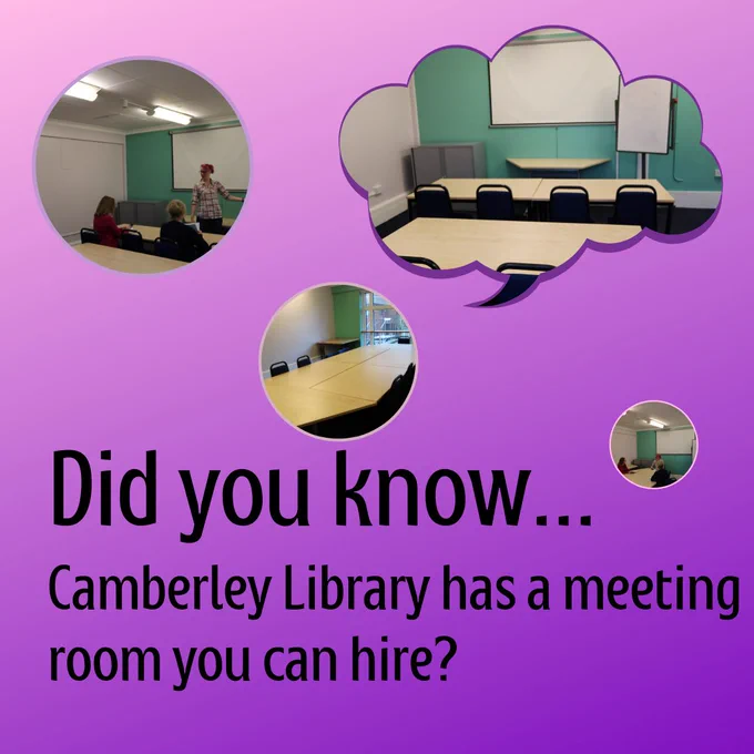 Above text are three circular bubbles, leading to a thought bubble. All bubbles contain an image of a meeting room, painted light green. Background colour is faded purple.