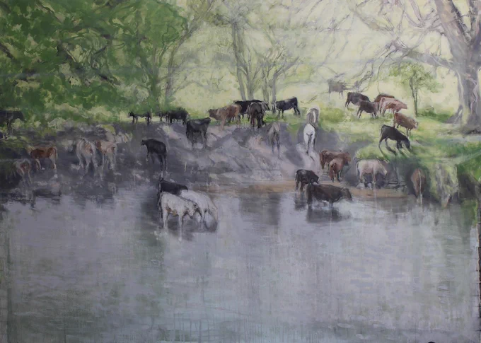Image: Bernadette Kiely, Stay silent and still [survival of the fittest], 2023, oil on canvas, 158 x 213 cm – realistic depiction of cows down by a river (among trees by the river, on the river bank, in the river apparently drinking the water; there‘s a sense of hazy sunshine • “Bernadette Kiely lives beside the river Nore in Thomastown, Co. Kilkenny and this has become the driving force in her work. Particularly drawn to and inspired by flooding, her work is responsive to environmental shifts, the effects of weather on land, rivers and on human lives. She depicts imagery that often veils what we are looking at and makes us think again, blankets of mist, fog, fire, smoke and floodwater. Her work draws attention to a sense of unease and an awareness of atmospheric conditions - and prompts us towards a fundamental reassessment of ourselves and our relationship to the world around us.     In this new exhibition Survival of the fittest [the answer is] Blowing in the wind Bernadette…”