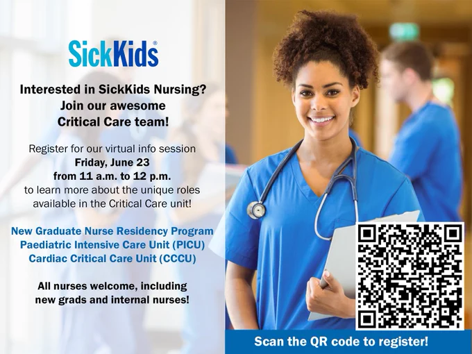 Interested in SickKids Nursing? Join our awesome Critical Care team! Register for our virtual info session Friday, June 23 from 11 a.m. to 12 p.m. to learn more about the unique roles available in the Critical Care unit: New Graduate Nurse Residency Program, Paediatric Intensive Care Unit (PICU), Cardiac Critical Care Unit (CCCU). All nurses welcome, including new grads and internal nurses!