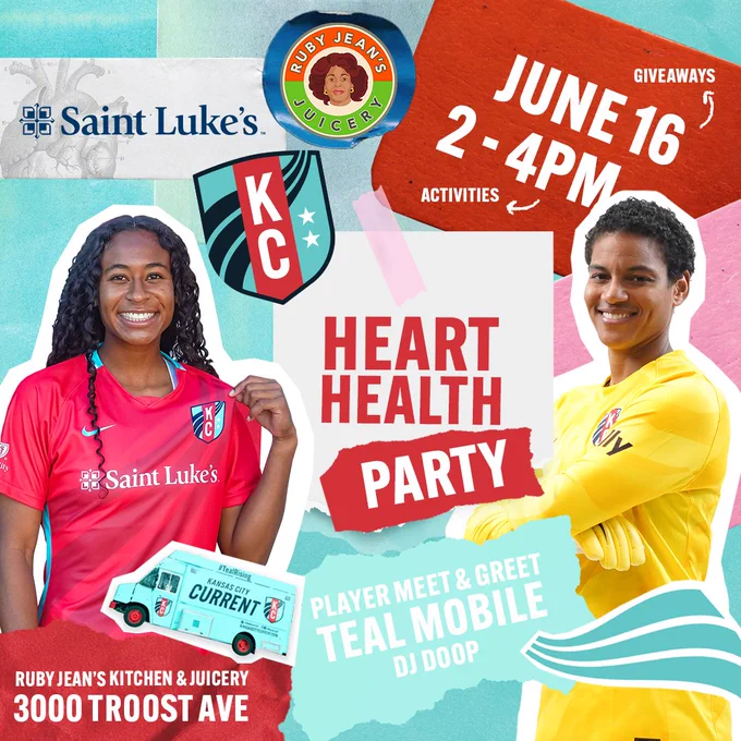 Graphic for our Heart Health Party with Saint Luke's at Ruby Jean's on June 16 from 2-4PM. Activities include: Player meet & greet with Croix Soto and AD Franch, Teal Mobile on site, DJ Doop, giveaways, and more.

Ruby Jean's Kitchen & Juicery Address: 3000 Troost Ave