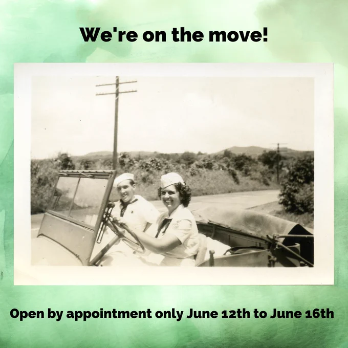 A post with the text "We're on the move! Open by appointment only June 12th to June 16th." It has a black and white picture of a man and a woman in U.S. Navy uniforms sitting in a car.