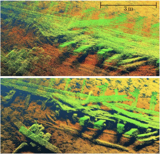 Point cloud map of an actual shipwreck collected in Wiarton, ON, Canada, where color represents relative depth. The top map is generated using the state estimate produced by a COTS Doppler velocity log-aided inertial measurement system (DVL-INS). The bottom map is generated using the proposed method, which conditions the DVL-INS estimate on loop-closure measurements without access to the raw DVL-INS sensor measurements. Note the improvement in map self-consistency when loop-closure measurements are included.