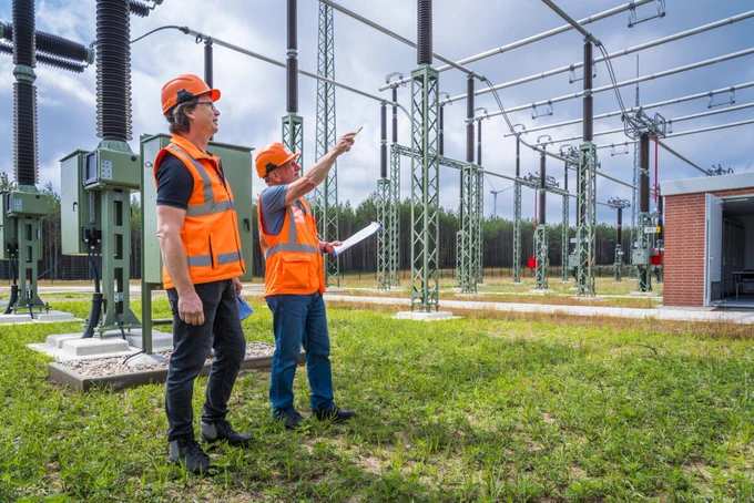 Two 50Hertz's employees standing inside a substation. Photo: 50Hertz/ Frank Woelffing.