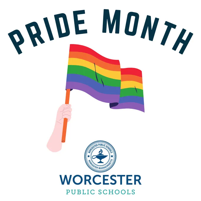 Pride Month flag and Worcester Public Schools logo
