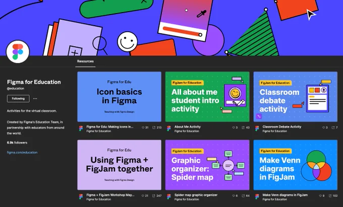 The home page of Figma for Education community files 